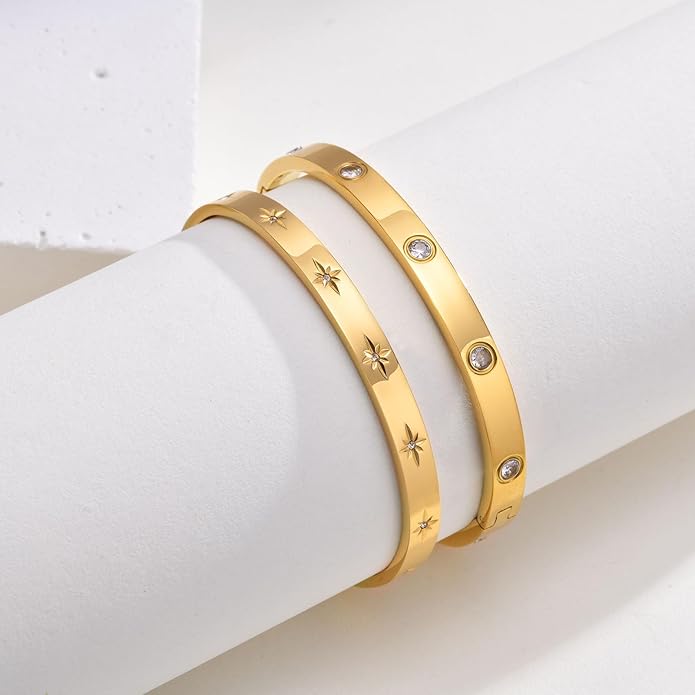 MPRAINBOW Gold Bracelets for Women, 2Pcs 18K Gold Plated Cubic Zirconia Bangle Crystal Friendship Bracelet Jewelry,Wedding Party Christmas Birthday Gifts for Her Girlfriend Sister Daughter