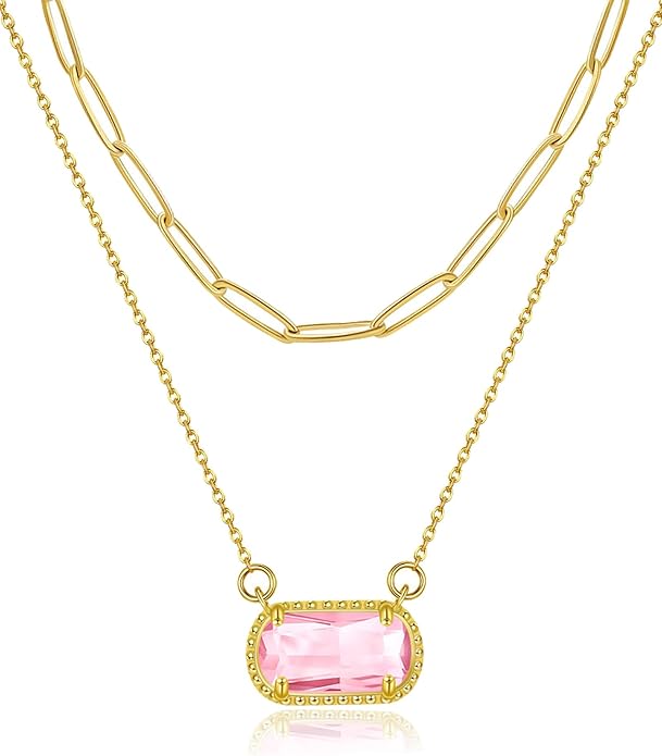 Lourny Gemstone Birthstone Pendant Layered Necklace for Women Trendy, 18K Gold Plated Paperclip Chain Preppy Choker Charm Necklace for Women Wife Jewelry