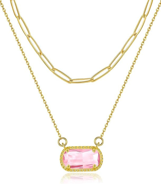 Lourny Gemstone Birthstone Pendant Layered Necklace for Women Trendy, 18K Gold Plated Paperclip Chain Preppy Choker Charm Necklace for Women Wife Jewelry