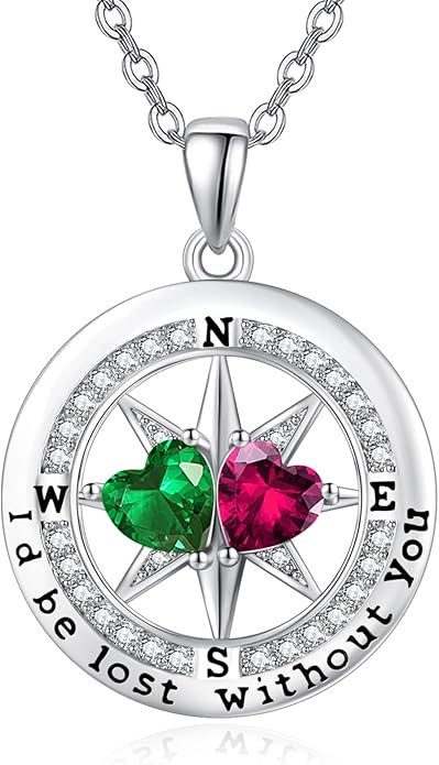 Compass Birthstones Necklace for Women, Exquisite Anniversary Birthday Gifts for Wife Her Double Birthstone Pendant jewelry ‘I'd be Lost Without You’