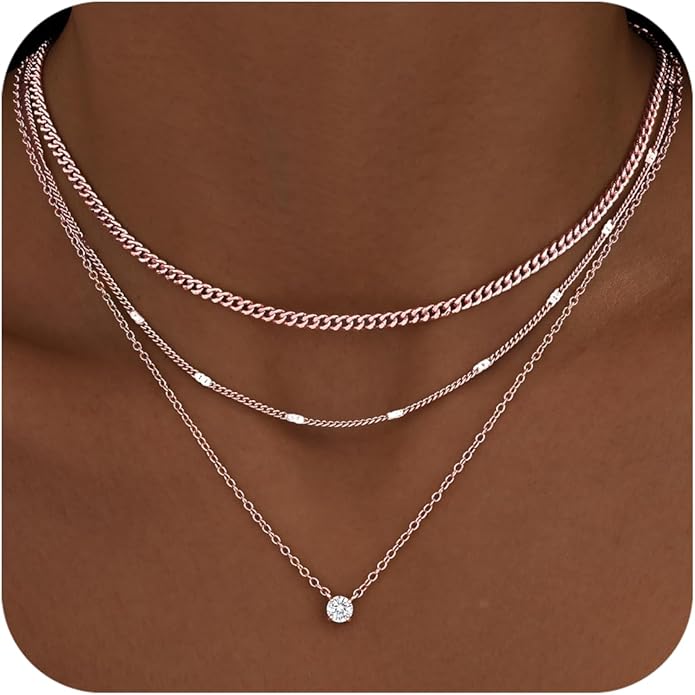 WomenGifts Layered Gold Necklaces for Women, 14K Gold Sterling Silver Plated Dainty Pendant Necklace Set with Cubic Zirconia Circle, Chunky Stackable Cuban Chain Choker, Trendy Personalized Birthstone Jewelry Gift Non Tarnish