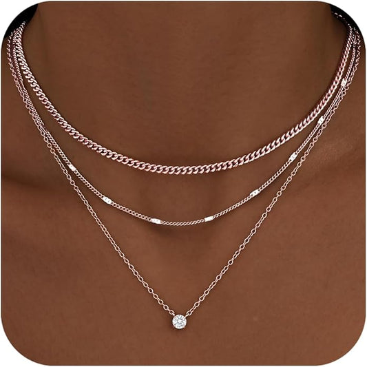 WomenGifts Layered Gold Necklaces for Women, 14K Gold Sterling Silver Plated Dainty Pendant Necklace Set with Cubic Zirconia Circle, Chunky Stackable Cuban Chain Choker, Trendy Personalized Birthstone Jewelry Gift Non Tarnish