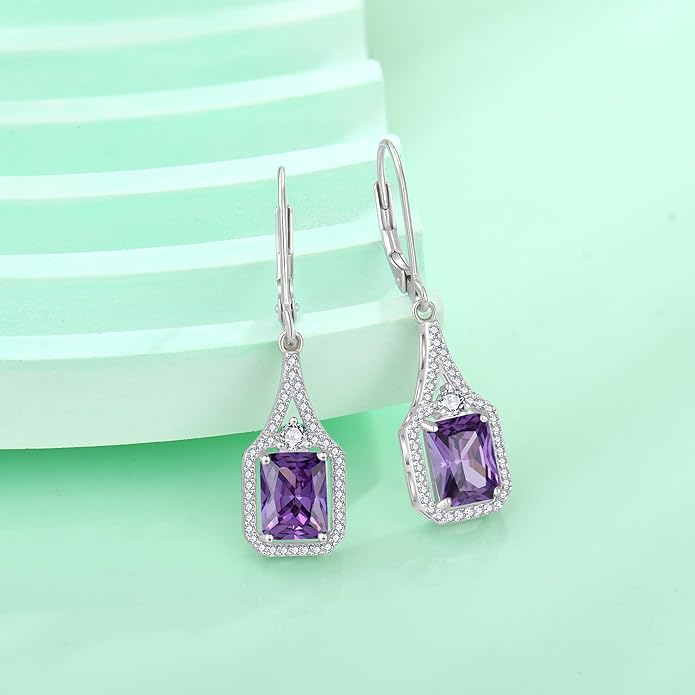 Emerald Cut Dangle Drop Earrings 925 Sterling Silver Halo Rectangular Leverback Earrings Birthstone Jewelry for Women