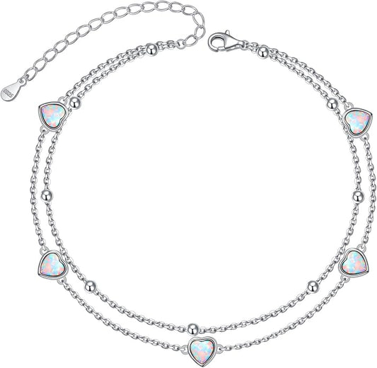 FLYOW Anklet for Women S925 Sterling Silver Adjustable Foot Beaded Heart Charm Ankle Bracelet Anklets Jewelry