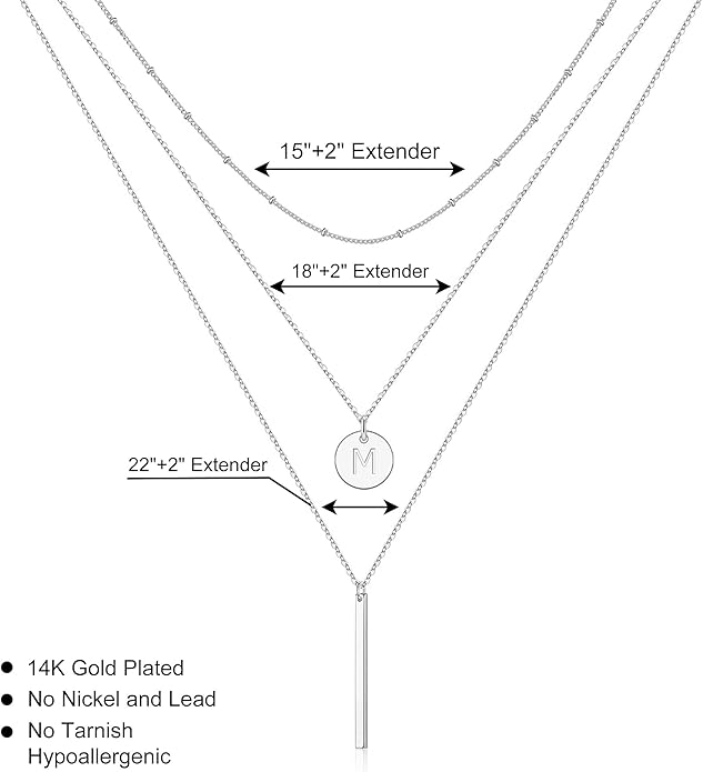 Initial Layered Necklaces for Women, 14K-Gold-Plated Coin Letter Necklace Bar Stacking Layer Necklace Multi Bar Layering Y-Necklaces Jewelry for Women