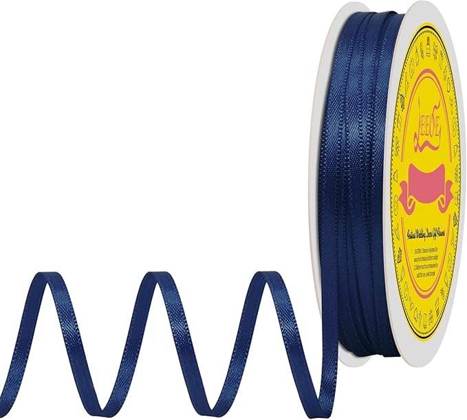 LEEQE Double Face Navy Blue Satin Thin Ribbon 1/8 inch X 50 Yards Polyester Navy Blue Ribbon for Gift Wrapping Very Suitable for Weddings Party Hair Bow Invitation Decorations and More