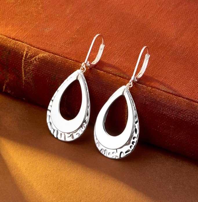 925 Sterling Silver Teardrop Dangle Earrings for Women Hammered Layer Drop Dangle Earrings Jewelry Hypoallergenic Boho Teardrop Leverback Dangle Earings for Jewelry Gifts
