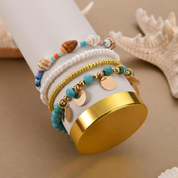 Bead Ankle Bracelets for Women Waterproof Adjustable Boho Shell Anklet Summer Beach Seashell Conch Foot Jewelry Accessories