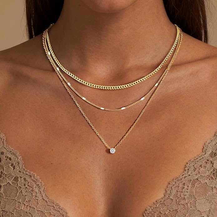 WomenGifts Layered Gold Necklaces for Women, 14K Gold Sterling Silver Plated Dainty Pendant Necklace Set with Cubic Zirconia Circle, Chunky Stackable Cuban Chain Choker, Trendy Personalized Birthstone Jewelry Gift Non Tarnish