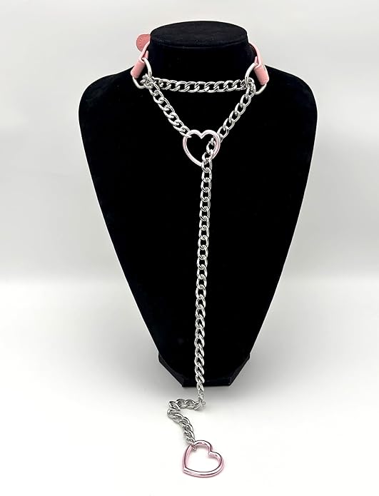 Black Leather Choker Collar For Women, Handmade Heart Slip Chain Choker Long Necklace with Adjustable Buckle