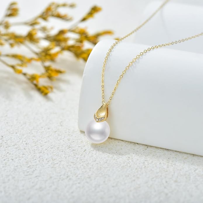 14k Gold Diamond Pearl Necklace for Women, 14kt Gold Jewelry Present for Wife, Birthday Gifts for Her, 16-18 Inch