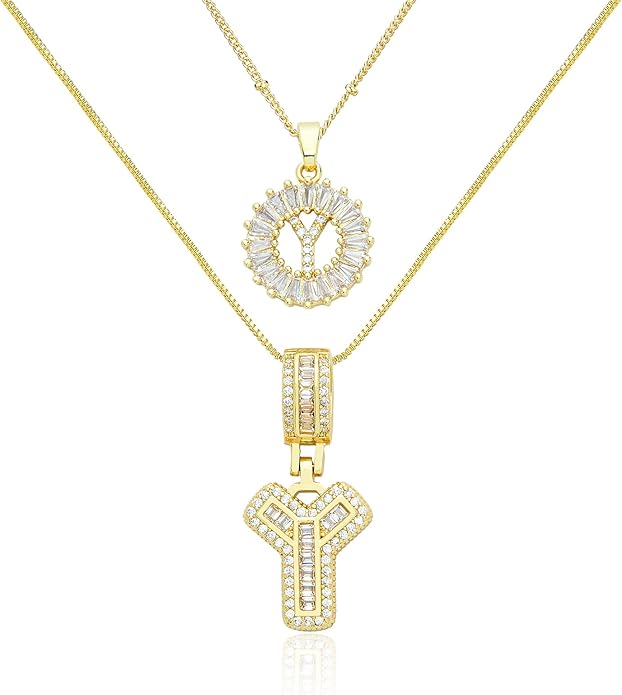14K Gold Plated Initial Letter Pendant Necklace, Cubic Zirconia Crystal, Copper Chain