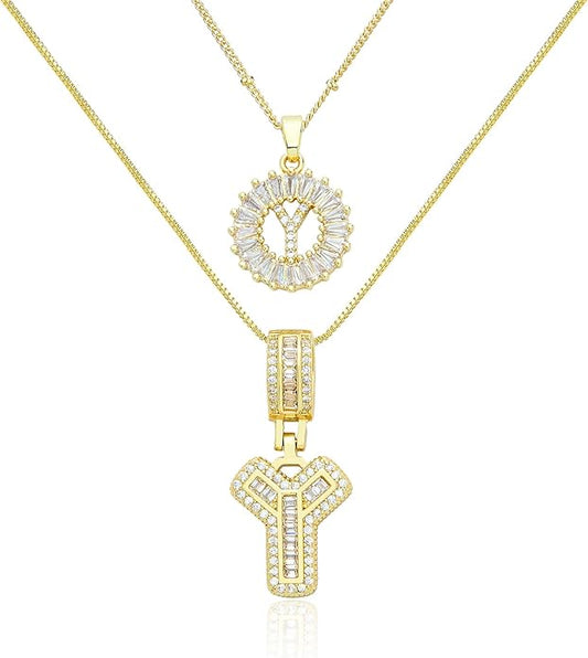 14K Gold Plated Initial Letter Pendant Necklace, Cubic Zirconia Crystal, Copper Chain