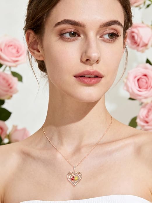 JIYVY32 Rose Heart Necklace for Women Exquisite 925 Sterling Silver Anniversary Birthday Gifts for Wife Mom Her Double Birthstone Pendant Jewelry