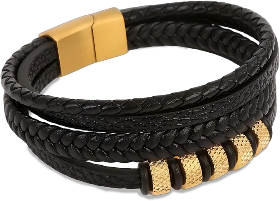 Italian Handmade Genuine Leather Bracelets for Men Stainless Steel Clip, Men's Casual Genuine Multi-layer Cuff Bracelet, Bracelet Gift for Real Men