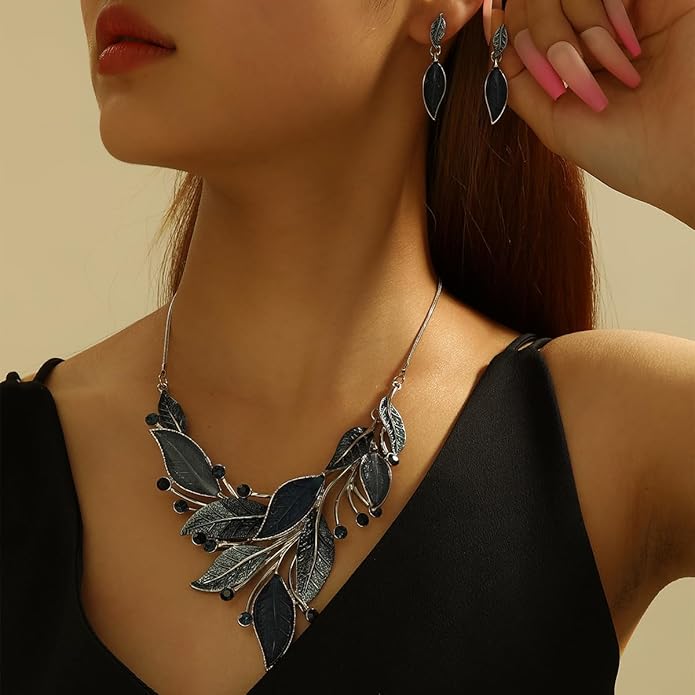 Vintage Chunky Statement Jewelry Set Retro Leaf Floral Geometric Bohemian Boho Bib Necklace Earring Set Fashion Costume Jewelry for Women Girls Wedding Party Prom Unique Gift