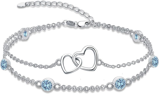 Dorunmo Heart Birthstone Bracelet Anklet for Women 925 Sterling Silver Birthday Jewelry Gifts for Women Wife