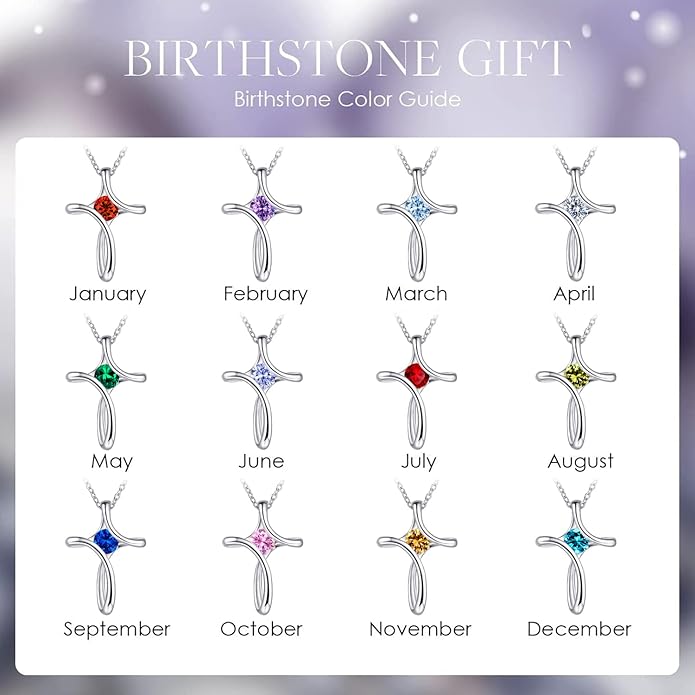 NINAMAID Cross Necklace for Women, 925 Sterling Silver Birthstone Necklace for Women with Diamond Sideways Cross Necklaces Birthstone Jewelry Birthday Gifts for Womens