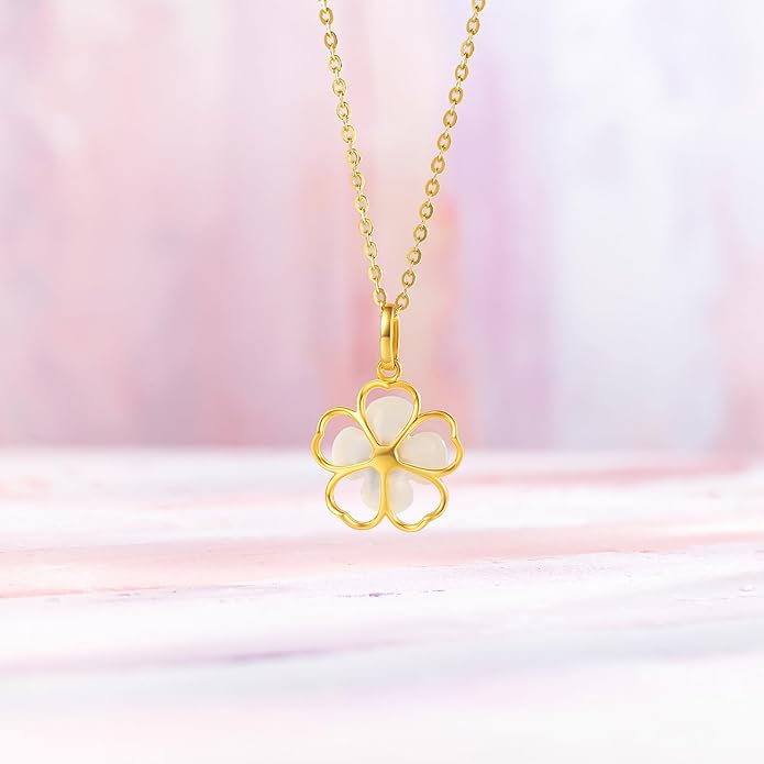 ZHOU LIU FU 18K Gold Hollow Floral Pendant with Mother of Pearl and Diamond Accents Delicate Jewelry Wedding for Bridge (Not Include Necklace) J0411914