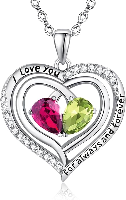 Zeuslia Double Birthstone Necklace Gifts for Wife - 925 Sterling Silver Sunflower/Rose/Crown Cross/Compass/Heart Pendant I Love You Necklace, Anniversary Birthday Gifts for Wife Girlfriend Mom Her