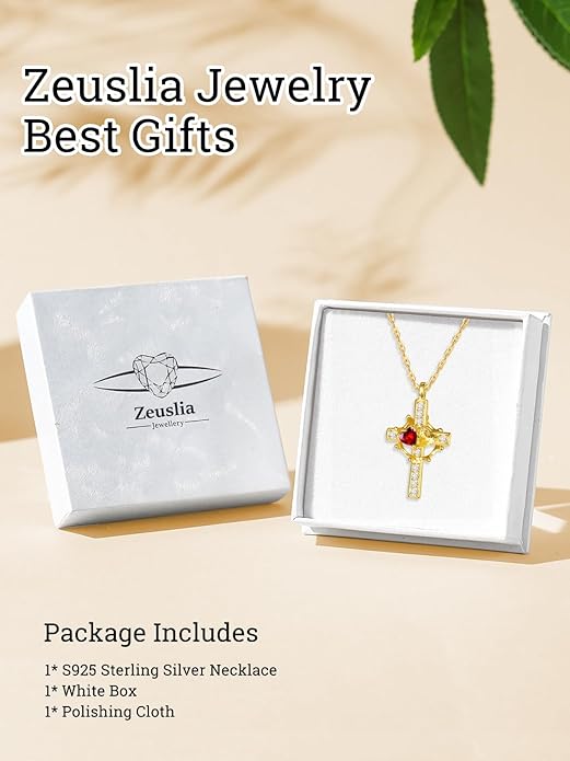Zeuslia Double Birthstone Necklace Gifts for Wife - 925 Sterling Silver Sunflower/Rose/Crown Cross/Compass/Heart Pendant I Love You Necklace, Anniversary Birthday Gifts for Wife Girlfriend Mom Her