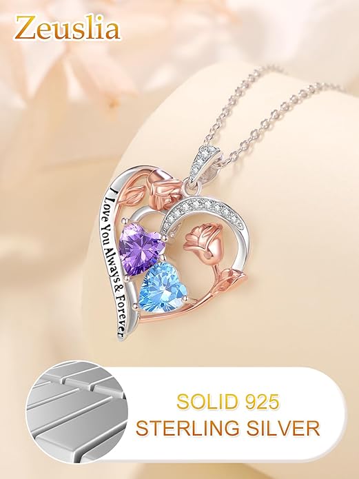 Zeuslia Double Birthstone Necklace Gifts for Wife - 925 Sterling Silver Sunflower/Rose/Crown Cross/Compass/Heart Pendant I Love You Necklace, Anniversary Birthday Gifts for Wife Girlfriend Mom Her
