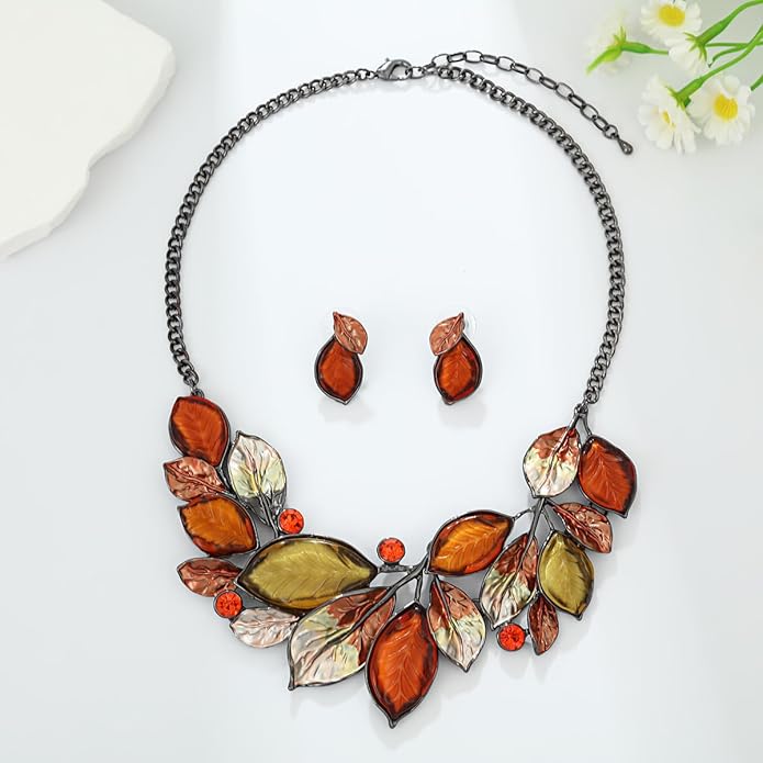 Vintage Chunky Statement Jewelry Set Retro Leaf Floral Geometric Bohemian Boho Bib Necklace Earring Set Fashion Costume Jewelry for Women Girls Wedding Party Prom Unique Gift