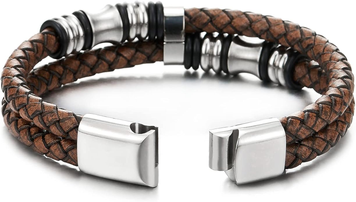 COOLSTEELANDBEYOND Mens Double-Row Braided Leather Bracelet Bangle Wristband with Stainless Steel Ornaments