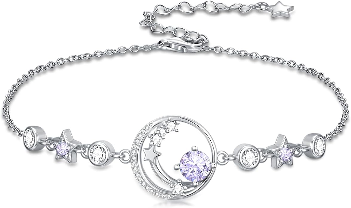 Moon and Star Birthstone Charm Link Bracelet 925 Sterling Silver Moon and Star Bracelet with 12 Months Birthstone Birthday Jewelry Gifts for Women Mom Her,Chain Length 7"+2" Extend