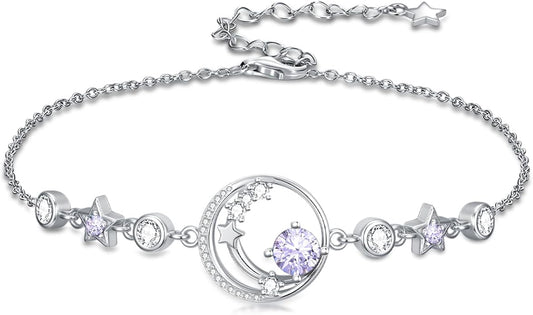 Moon and Star Birthstone Charm Link Bracelet 925 Sterling Silver Moon and Star Bracelet with 12 Months Birthstone Birthday Jewelry Gifts for Women Mom Her,Chain Length 7"+2" Extend