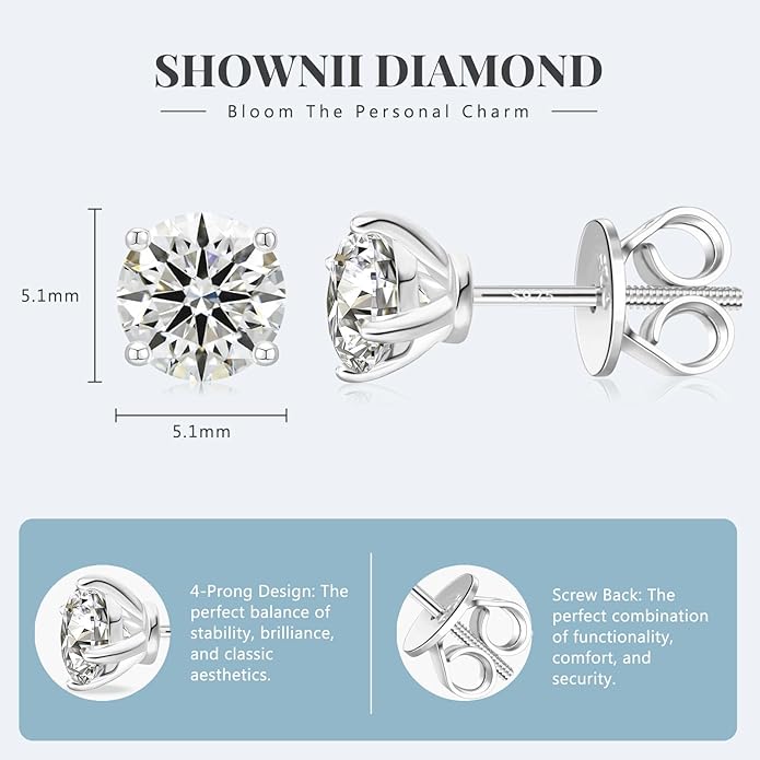 SHOWNII Diamond 4-Prong Lab-Grown Diamond Stud Earrings for Women 0.5CT 1CT 14K Gold Plated S925 Sterling Silver Screw Back Earrings(I-J Color, S1-VS2 Clarity)