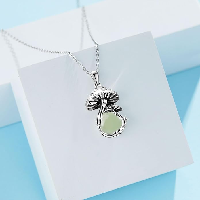 YAFEINI Mushroom Necklace Moonstone/Moss Agate/Malachite/Labradorite/Turquoise/Amber/Larimar/Black Onyx/Lapis Lazuli/Peridot/Opal Sterling Silver Mushroom Pendant Mother's Day Jewelry for Women Mom