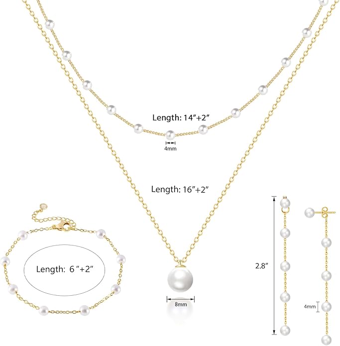 Zeffy Gold Pearl Necklace for Women, Dainty 14K Gold/Silve Plated Layered Pearl Choker Pearl Earrings Pearl Bracelets Wedding Trendy Gold Jewelry Set for Women Gifts