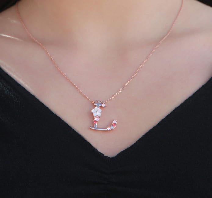 Flower Initial Letter Necklace Pink Red Blue Simulated Pearl Pendant Name Jewelry Made with Austrian Crystals Rose Gold Plated Anniversary Birthday Gifts for Women,18"+2"