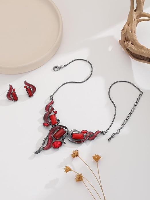 Chunky Statement Jewelry Set Vintage Retro Leaf Flower Floral Geometric Bohemian Boho Bib Necklace Earring Set Fashion Costume Jewelry for Women Girls Wedding Party Prom Unique Gift