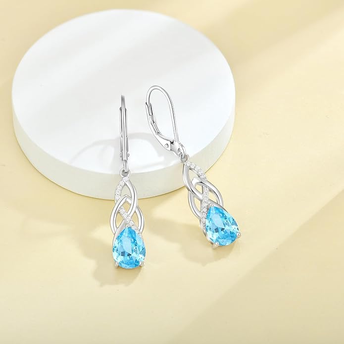 JO WISDOM Women Celtic Knot Infinity Dangle Earrings for Women Sterling Silver 7 * 9mm Birthstone Irish Twisting Drop Earrings Jewelry for Women