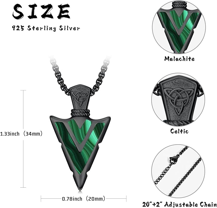 Suiknsn Arrowhead Necklace for Men Women 925 Sterling Silver Turquoise Malachite Celtic/Eye of Horus/Viking Arrow Pendant Amulet Jewelry Gifts Native American Necklace