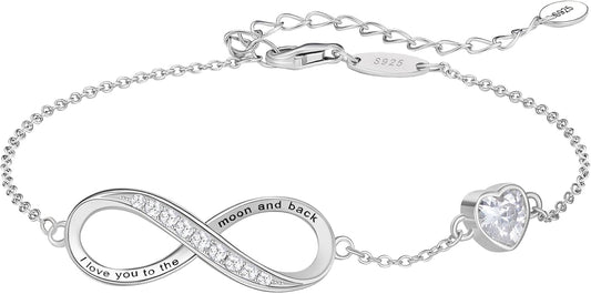NORBU S925 Infinity Bracelets for Women, Sterling Silver Womens Infinity Heart Birthstone Link Charm Bracelet, Jewelry Gifts for Her Christmas Birthday Valentine Mother's Day
