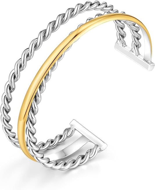 VEDAIM Two Tone Bracelet for Women Braided Twisted Cuff Bracelet Gold Silver Mixed Metal Statement Bracelet Adjustable Jewelry