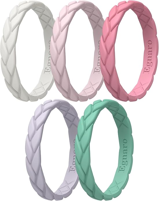 Egnaro Women's Silicone Stackable Rings 3.5mm Wide 2mm Thick, Rubber Flexible Hypoallergenic Wedding Bands For Workout Leaf Braided Fashion