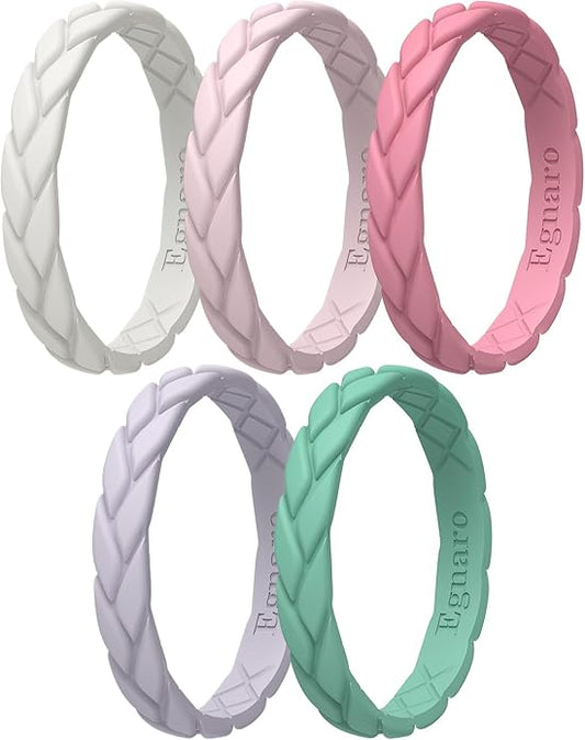 Egnaro Women's Silicone Stackable Rings 3.5mm Wide 2mm Thick, Rubber Flexible Hypoallergenic Wedding Bands For Workout Leaf Braided Fashion