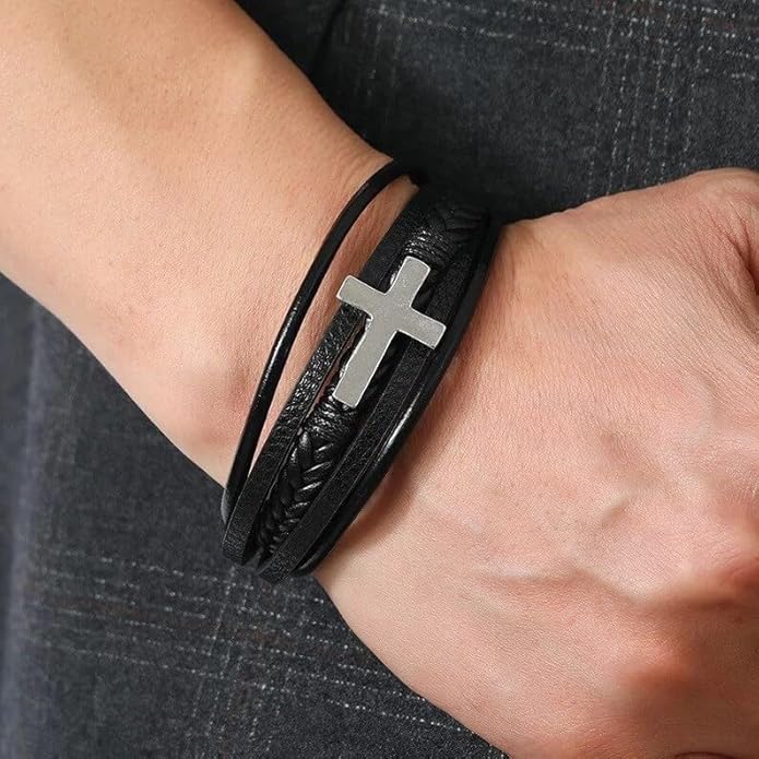 Fahonie Cross Leather Bracelet for Men Women 316L Stainless Steel with 18K Gold Plated Christ Jesus Multi-layer Handmade Christian Bracelet,7.5/8/9 Inches