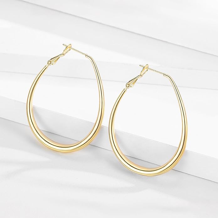 Lightweight Oval Hoop Earrings for Women - 14K Gold Plated, Rose Gold Plated and Sterling Silver Plated Large Oblong Hoop Earrings for Women Statement Jewelry Gift