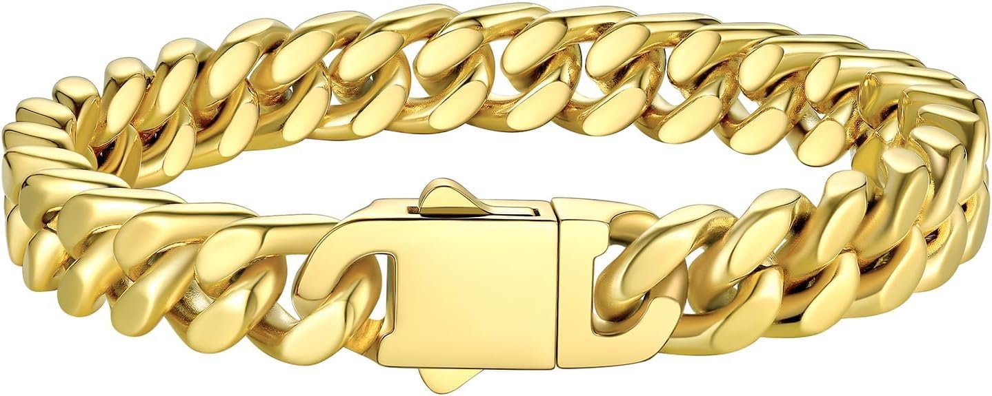 Bestyle Thick Mens Cuban Link Chain Bracelets, Durable Real 18K Gold/Black Metal Plated Solid Stainless Steel Hand Chain Cuban Bracelets for Men, Silver Black Gold Bracelets for Father Husband