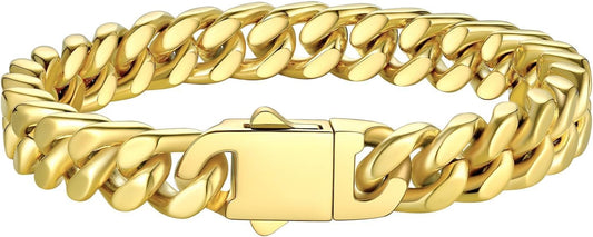 Bestyle Thick Mens Cuban Link Chain Bracelets, Durable Real 18K Gold/Black Metal Plated Solid Stainless Steel Hand Chain Cuban Bracelets for Men, Silver Black Gold Bracelets for Father Husband
