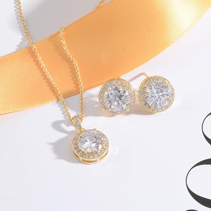 Bridal Crystal Jewelry Set - Sterling Silver Round Cubic Zirconia CZ Rhinestone Halo Birthstone Pendant Necklace Stud Earrings Set for Wedding Bride Bridesmaids Birthday Gift