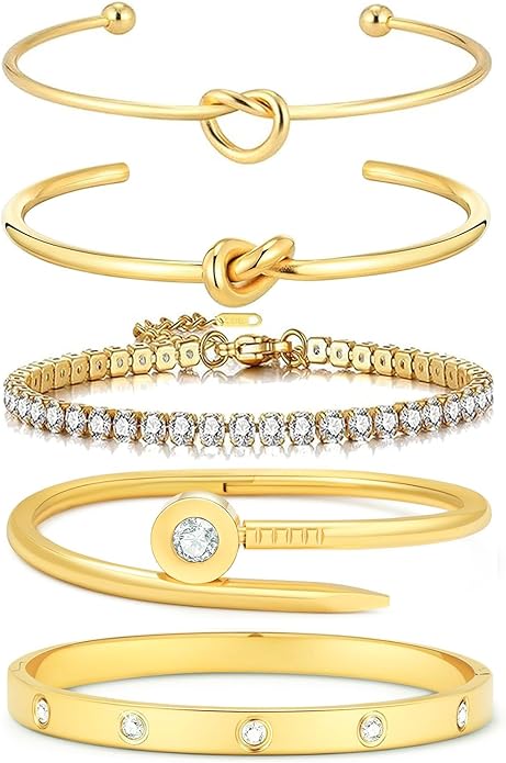 FAFUGA 18 K Gold Plated Love Bangle Bracelet Stack Cuff Jewelry for Women Jewelry Set for Women Gift with Box
