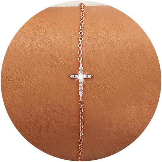 Moodear Christmas Gifts Sotcking Stuffers, Dainty 925 Sterling Silver/14k Gold Plated CZ Cross Bracelet Layered Snake Pearl Chain Knot Bracelets for Women Trendy Religious Christian Jewelry