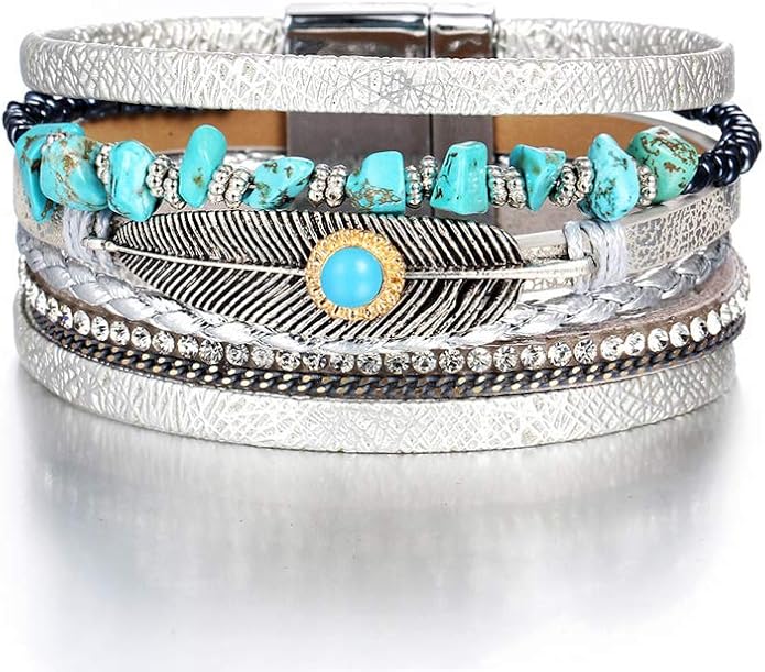 Fesciory Leopard Bracelet for Women, Boho Leather Wrap Multi-Layer Pearl Crystal Bracelet Bangle Jewelry