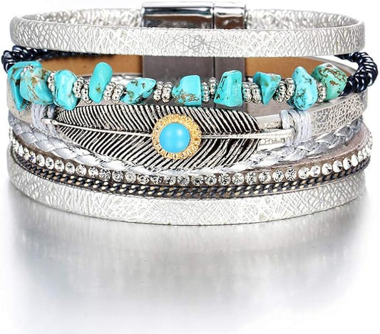 Fesciory Leopard Bracelet for Women, Boho Leather Wrap Multi-Layer Pearl Crystal Bracelet Bangle Jewelry